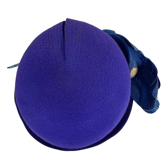 Vintage FLEUR de LIS Cobalt/Purple Felt Cloche Fascinator Hat Blue Feather Italy - Picture 7 of 11